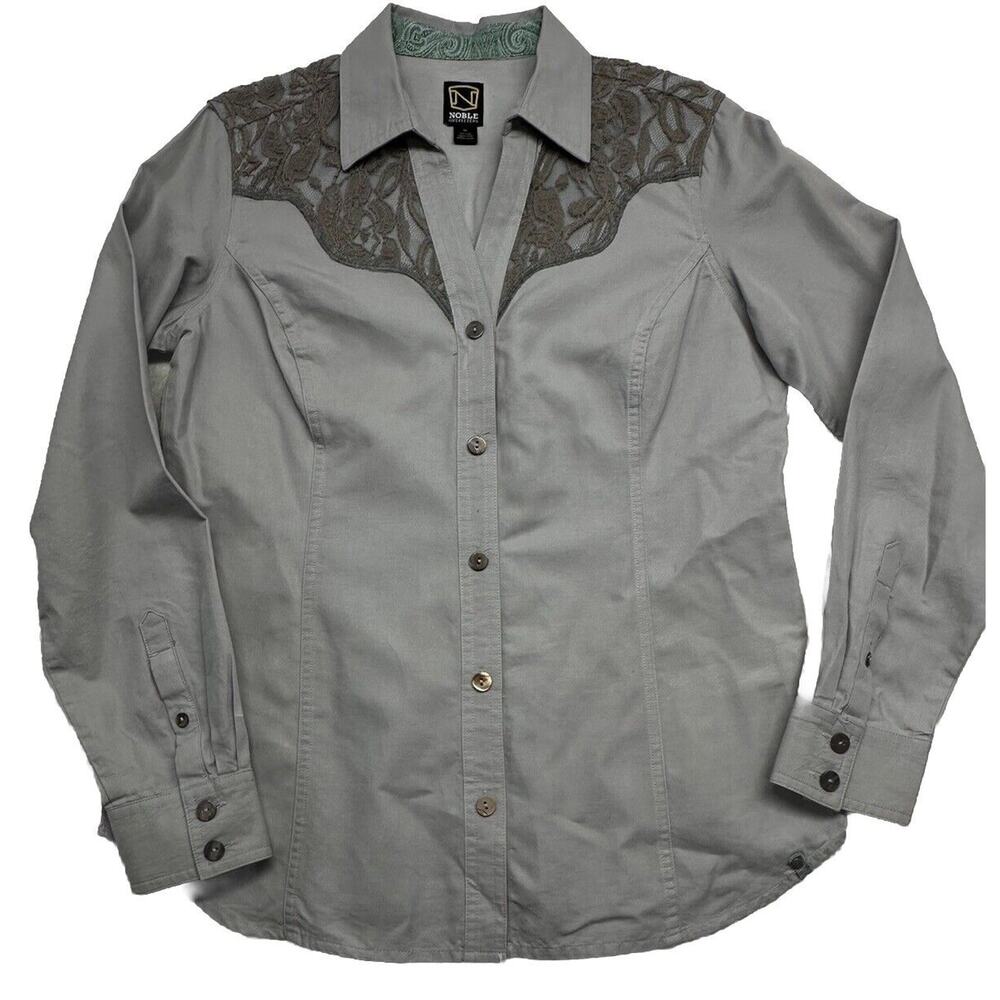 Noble Outfitters Shirt Womens Medium Long Sleeve Button Up Gray Bluegrass Lace - Picture 1 of 10